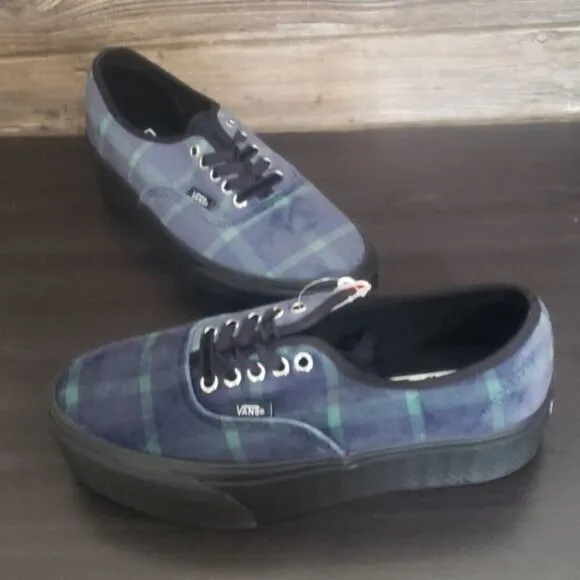 New Vans Authentic Stacked Velvet Plaid Platform Blue Black Sneakers