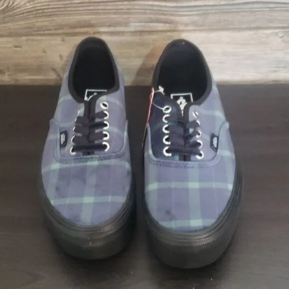New Vans Authentic Stacked Velvet Plaid Platform Blue Black Sneakers