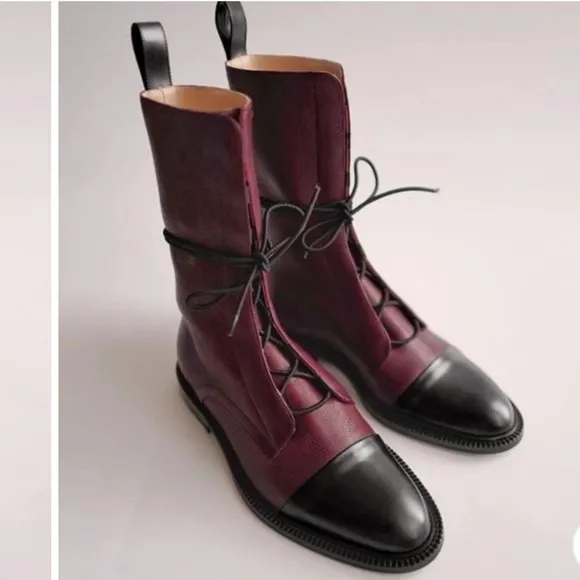New! Vintage Style Combat Lace Up Boots In Wine