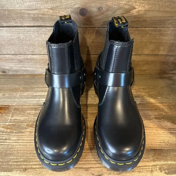 New Womens Dr Martens Wincox‎ Black Leather Harness Chelsea Ankle Boots Size 5 M