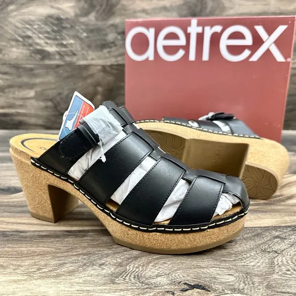NIB Aetrex Cally 40 9-9.5 Black Leather Slip On Fisherman Heels Clog Sandals