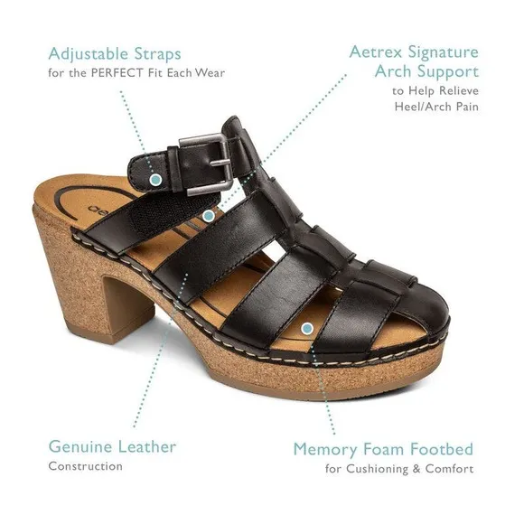 NIB Aetrex Cally 40 9-9.5 Black Leather Slip On Fisherman Heels Clog Sandals