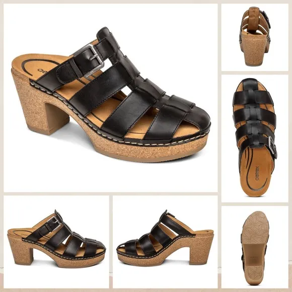 NIB Aetrex Cally 40 9-9.5 Black Leather Slip On Fisherman Heels Clog Sandals