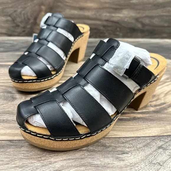 NIB Aetrex Cally 40 9-9.5 Black Leather Slip On Fisherman Heels Clog Sandals