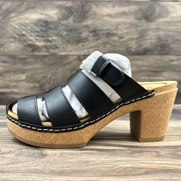 NIB Aetrex Cally 40 9-9.5 Black Leather Slip On Fisherman Heels Clog Sandals