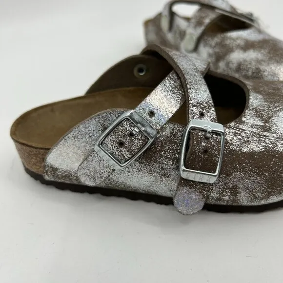 NIB BIRKENSTOCK Girls Kids Dorian Silver Glitter Dusty Taupe Slip On Sandals 26