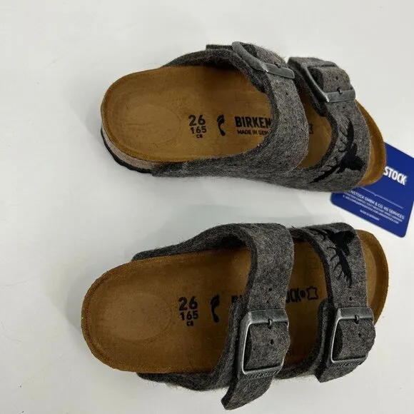 NIB BIRKENSTOCK Kids Arizona Gray Wool Moose Embroidered Slip On Sandals 26 / 8