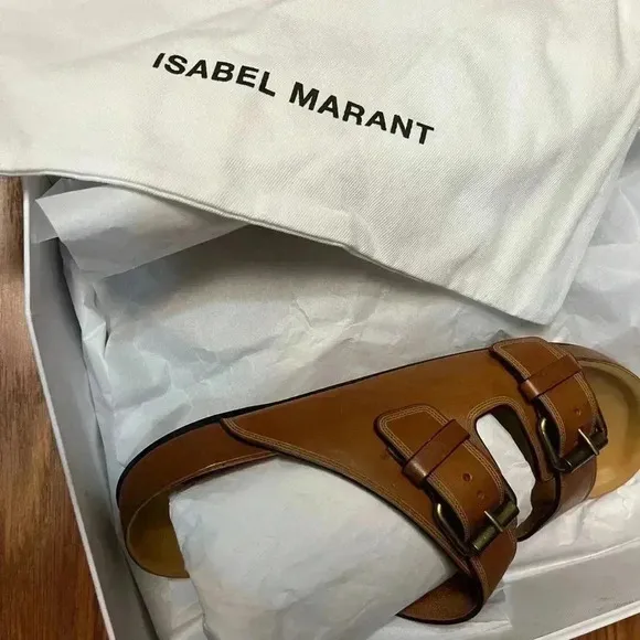 NIB Isabel Marant Folk Laser Lennyo Leather Sandals Cognac Tan Brown 8 1/2