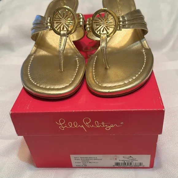 NIB Lilly Pulitzer Women’s Size 6.5 Gold Metallic Rousseau Wedge Sandals