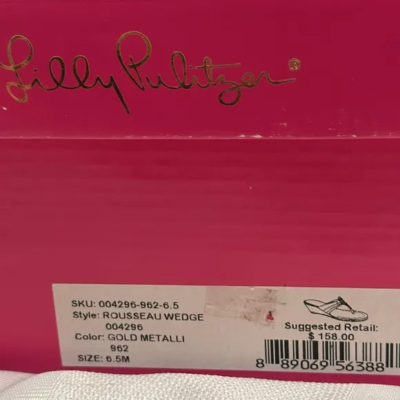 NIB Lilly Pulitzer Women’s Size 6.5 Gold Metallic Rousseau Wedge Sandals