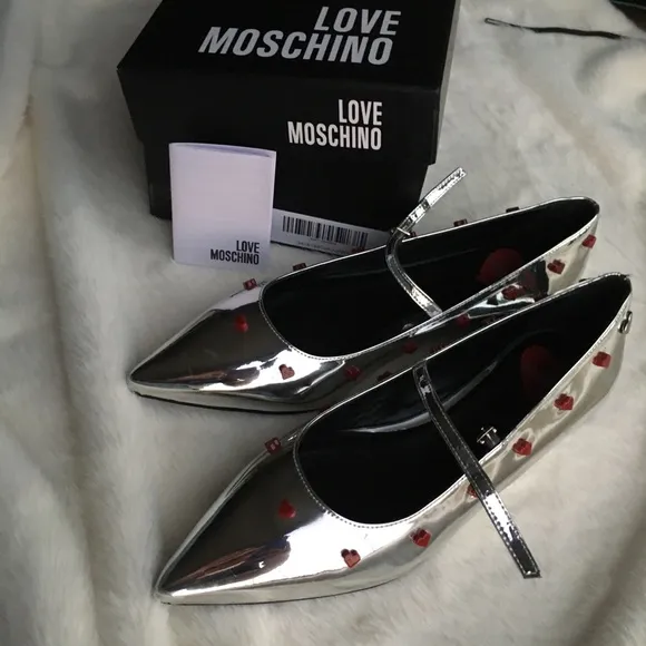 NIB LOVE MOSCHINO Metallic Pointed Toe Ballet Flats