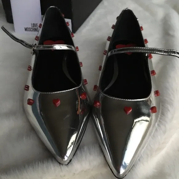 NIB LOVE MOSCHINO Metallic Pointed Toe Ballet Flats