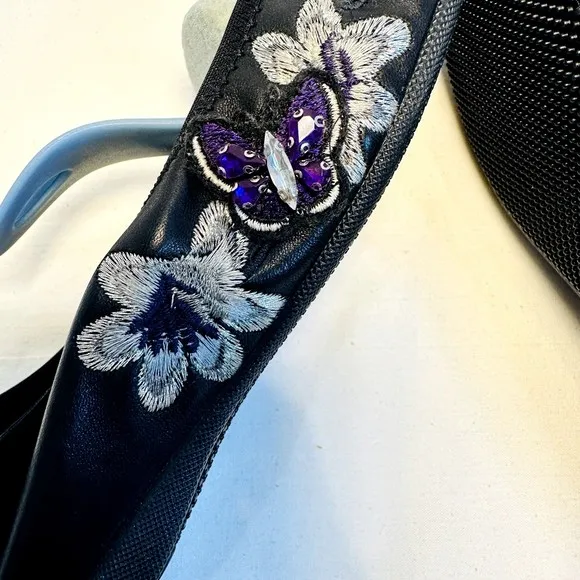 NIB Mally Women Black Leather Embroidered Silver Flower Ballet Flats SZ 39 Italy