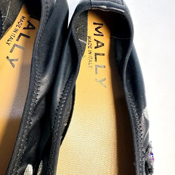 NIB Mally Women Black Leather Embroidered Silver Flower Ballet Flats SZ 39 Italy