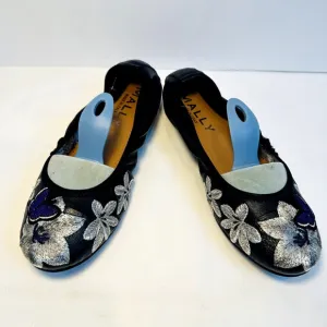 NIB Mally Women Black Leather Embroidered Silver Flower Ballet Flats SZ 39 Italy