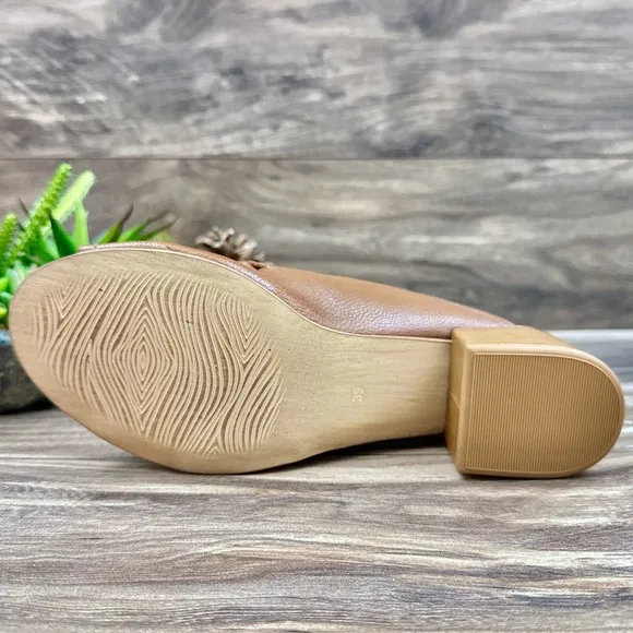 NIB Miz Mooz Briar 39 8.5-9 Whipstitch Leather Heeled Slide Sandal Brandy Brown