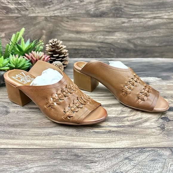NIB Miz Mooz Briar 39 8.5-9 Whipstitch Leather Heeled Slide Sandal Brandy Brown