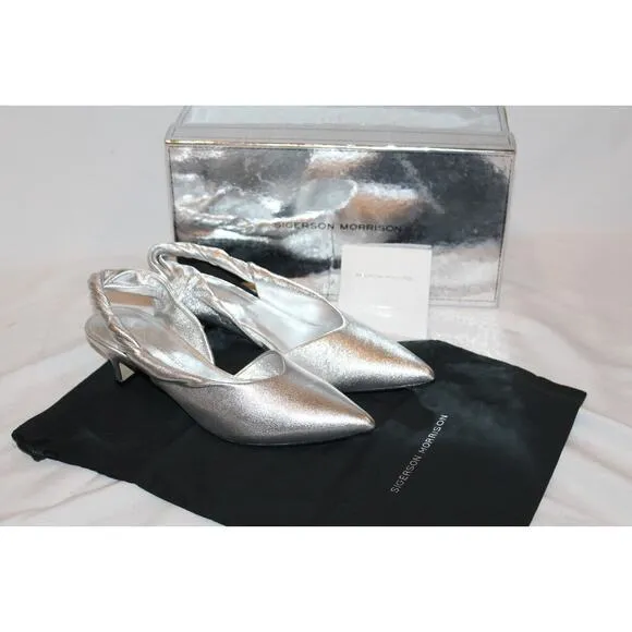 NIB Sigerson Morrison Melina Silver‎ Leather Kitten Heel Sandals Sz 7 $395