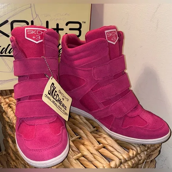 NIB SKECHERS Raise The Bar SKCH 3 Hidden Wedge High Sneaker Ankle Booties pink