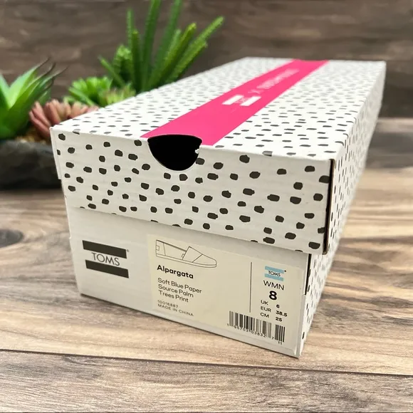 NIB Toms Alpargata Loafer Flats Soft Blue Paper Source Palm Trees Print 8