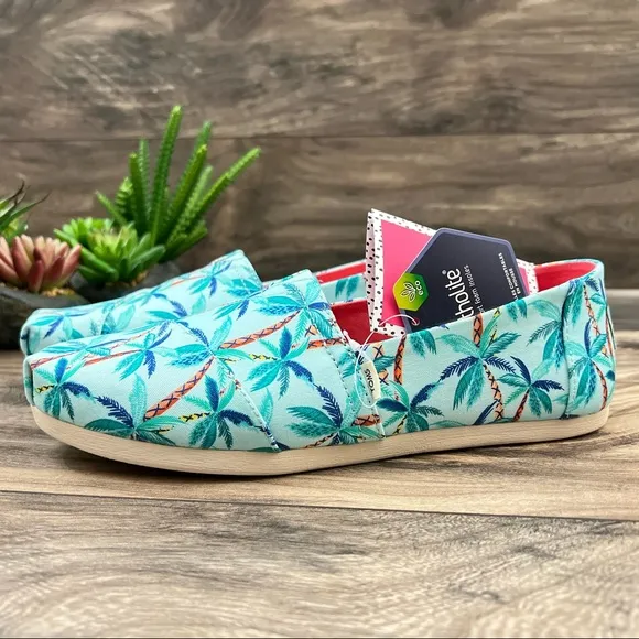 NIB Toms Alpargata Loafer Flats Soft Blue Paper Source Palm Trees Print 8