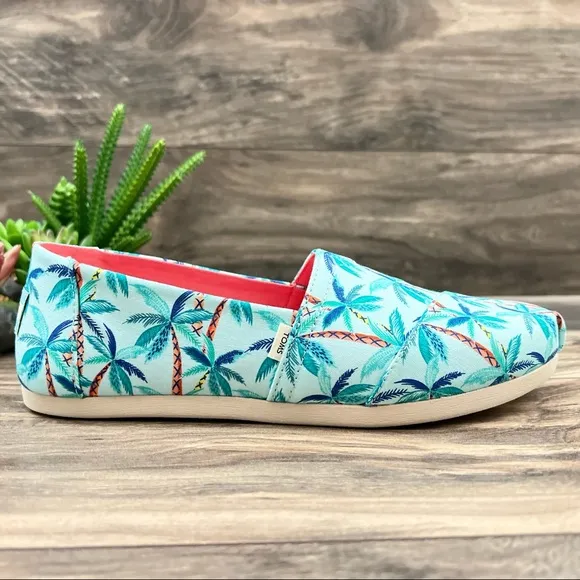 NIB Toms Alpargata Loafer Flats Soft Blue Paper Source Palm Trees Print 8