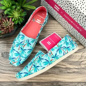 NIB Toms Alpargata Loafer Flats Soft Blue Paper Source Palm Trees Print 8