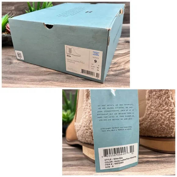 NIB Toms Ella Leather Slip On Chelsea Boots Honey Leather Faux Shearling 9M 40