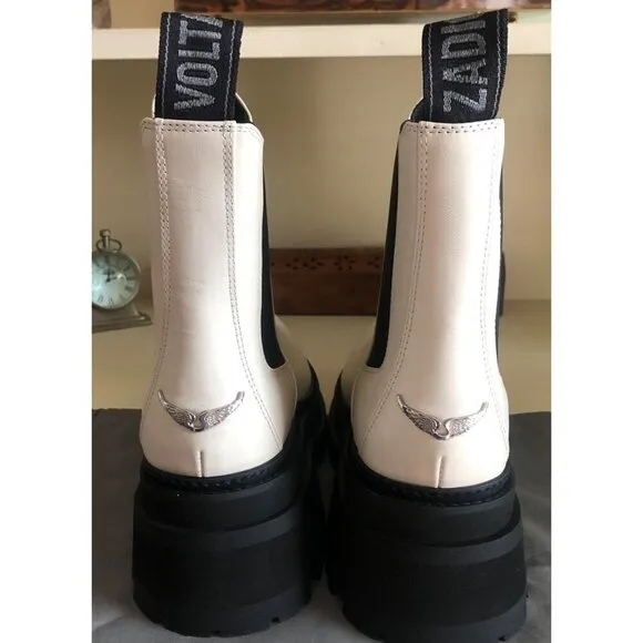 NIB Zadig &amp; Voltaire Chelsea Boots White with Wing Charm Leather Size 39 / US 8