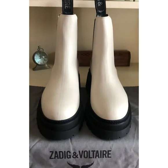 NIB Zadig &amp; Voltaire Chelsea Boots White with Wing Charm Leather Size 39 / US 8