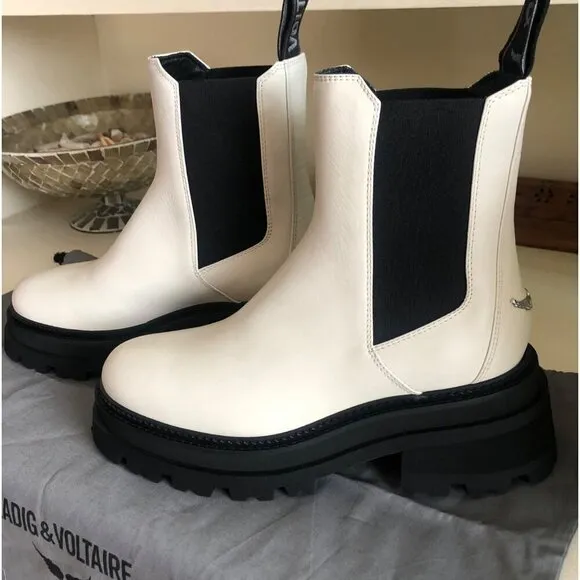 NIB Zadig &amp; Voltaire Chelsea Boots White with Wing Charm Leather Size 39 / US 8