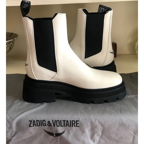 NIB Zadig &amp; Voltaire Chelsea Boots White with Wing Charm Leather Size 39 / US 8