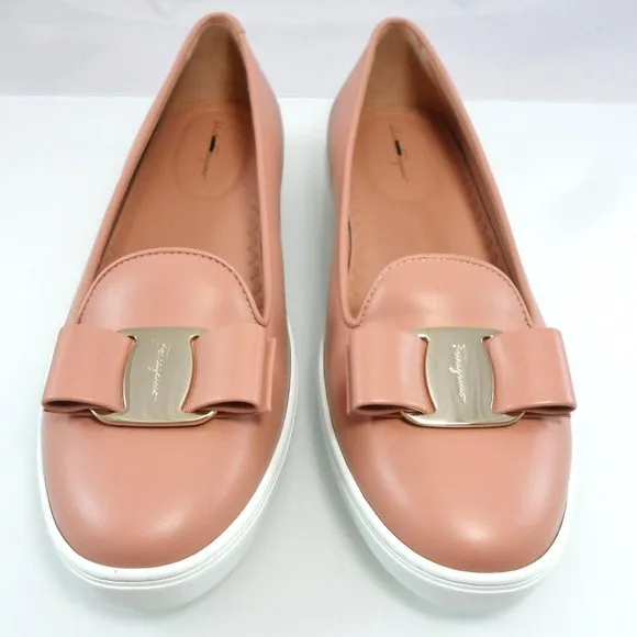 NIB$530 SALVATORE FERRAGAMO Novello Leather Vara Bow Soft Flat Slip-on Pump 9.5C