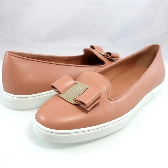 NIB$530 SALVATORE FERRAGAMO Novello Leather Vara Bow Soft Flat Slip-on Pump 9.5C