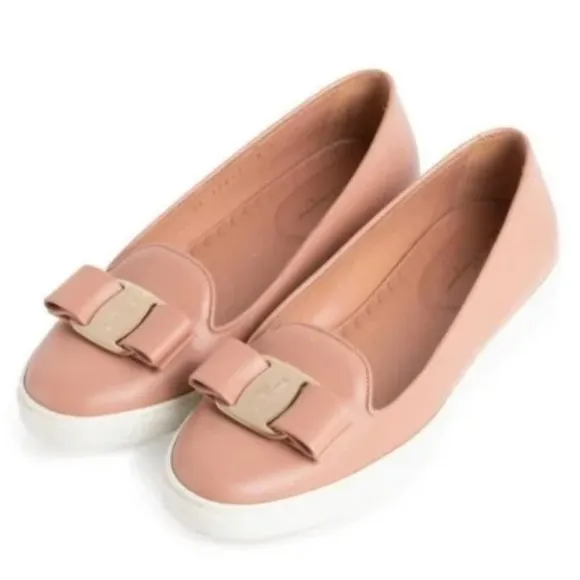NIB$530 SALVATORE FERRAGAMO Novello Leather Vara Bow Soft Flat Slip-on Pump 9.5C