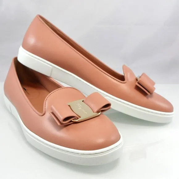 NIB$530 SALVATORE FERRAGAMO Novello Leather Vara Bow Soft Flat Slip-on Pump 9.5C