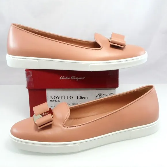 NIB$530 SALVATORE FERRAGAMO Novello Leather Vara Bow Soft Flat Slip-on Pump 9.5C
