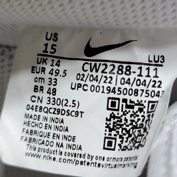 Nike Air Force One Low Top Triple White Sneakers - Men's 15
