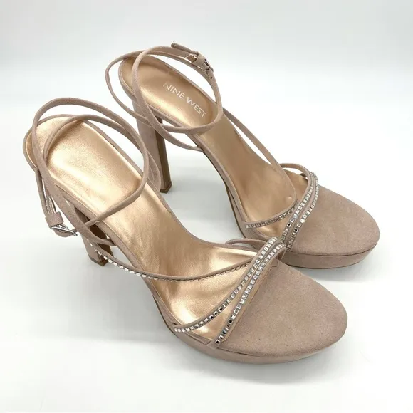 Nine West Suede Women's Nude Stilettos Rhinestone Strap High Heels