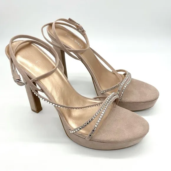 Nine West Suede Women's Nude Stilettos Rhinestone Strap High Heels
