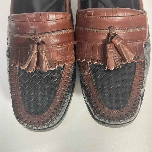 Nunn Bush Slip On Two-Toned Leather black &amp; brown woven toe, kiltie loafer 10.5