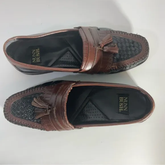 Nunn Bush Slip On Two-Toned Leather black &amp; brown woven toe, kiltie loafer 10.5