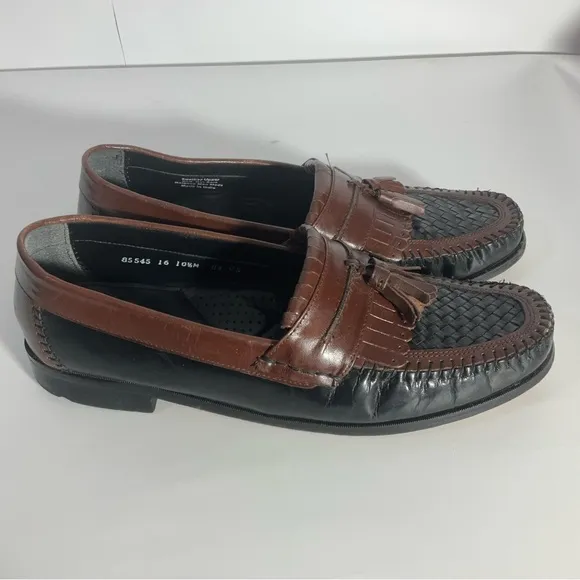Nunn Bush Slip On Two-Toned Leather black &amp; brown woven toe, kiltie loafer 10.5