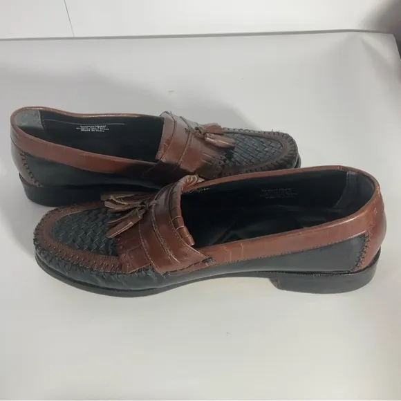 Nunn Bush Slip On Two-Toned Leather black &amp; brown woven toe, kiltie loafer 10.5