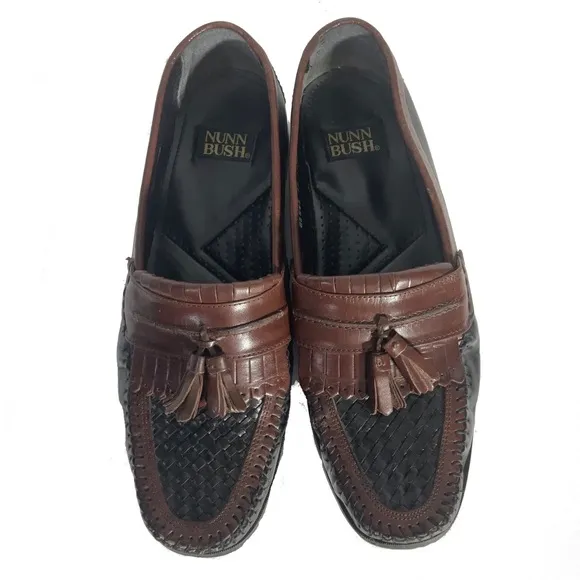 Nunn Bush Slip On Two-Toned Leather black &amp; brown woven toe, kiltie loafer 10.5