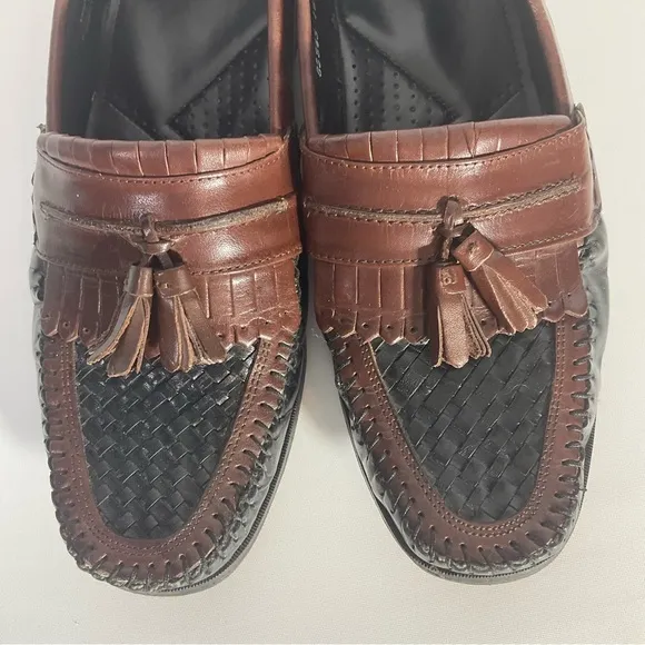 Nunn Bush Slip On Two-Toned Leather black &amp; brown woven toe, kiltie loafer 10.5