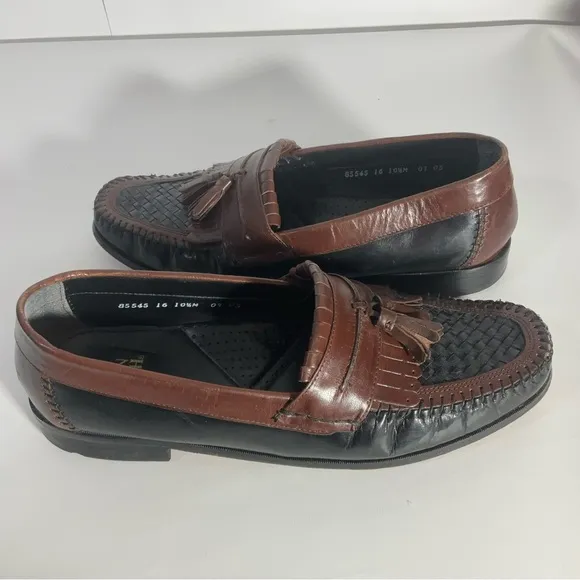 Nunn Bush Slip On Two-Toned Leather black &amp; brown woven toe, kiltie loafer 10.5