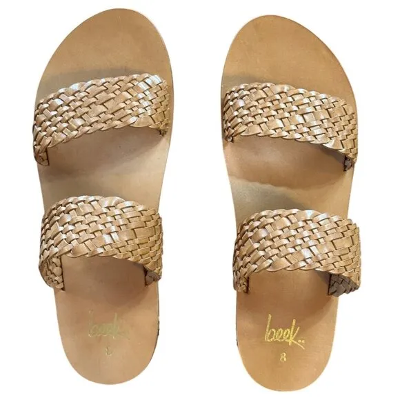 NWB BEEK Women's Flicker Leather Woven Double Strap Flat Sandals in Honey Size 8