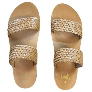 NWB BEEK Women's Flicker Leather Woven Double Strap Flat Sandals in Honey Size 8