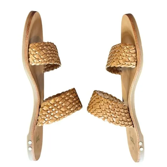 NWB BEEK Women's Flicker Leather Woven Double Strap Flat Sandals in Honey Size 8
